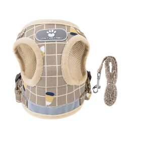 Pet Mesh Harness Dog Leash Set Reflective Chest Strap Adjustable Puppy Vest For Puppies Breeds Dogs Cats Walking Outdoor (Option: khakicheckered_xl)